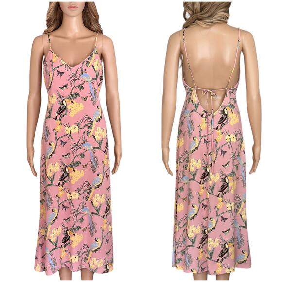 Reformation Midi Slip Dress Chianti Blush Pink Conga Tropical floral birds Small - Picture 13 of 13